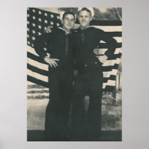 2 sailors front of flag poster