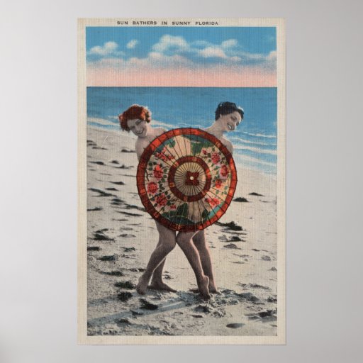 2 Sunbathing Women & Asian Umbrella, Florida Posters