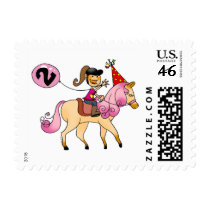 2 year old girl on a pony postage stamp