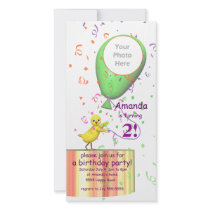 2nd Birthday Party Chicken Invite Green Balloon Photo Greeting Card
