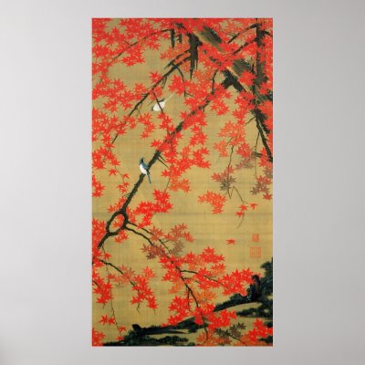30. 紅葉小禽図, 若冲 Maple & Small Birds, Jakuchū Poster by ukiyoemuseum