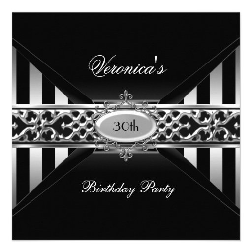 30th Birthday Black White Stripe Silver Invitations (front side)