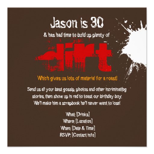 30th Birthday - Dirty 30 Roast & Dirt Party Invite