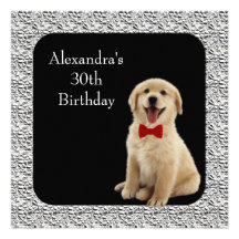30th Birthday Golden Retriever & Silver Frame Personalized Announcements
