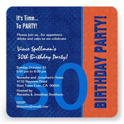 30th Birthday Modern Blue and Orange Personalized Invite