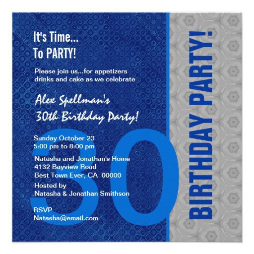 30th Birthday Modern Blue and Silver Custom Invite