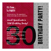30th Birthday Modern Red Silver Black W1480 Custom Announcements
