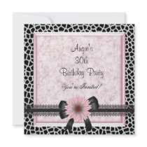 30th Birthday Party Black Giraffe Pink Floral Bow Custom Invite