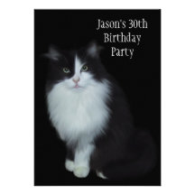 30th Birthday Party Black & White Cat Custom Announcements