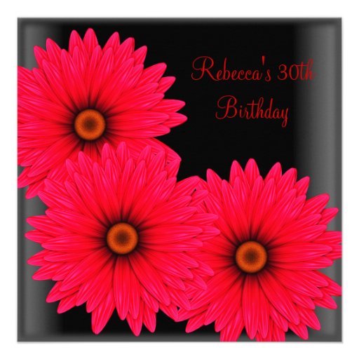 30th Birthday Party Elegant Black Red Flowers Personalized Invitation