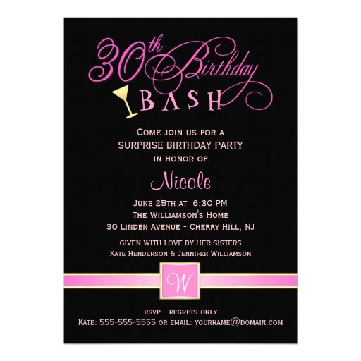 30th Birthday Party Invitations - with Monogram