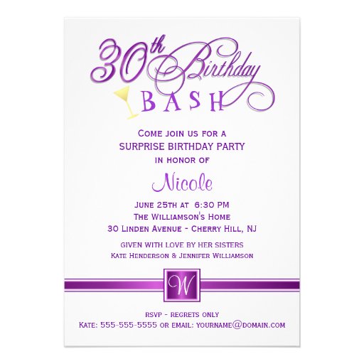30th Birthday Party Invitations - with Monogram