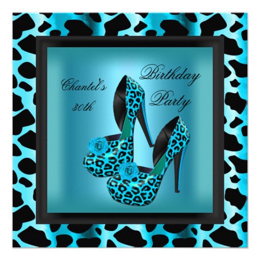 30th Birthday Party Leopard Teal Blue Invitation (front side)