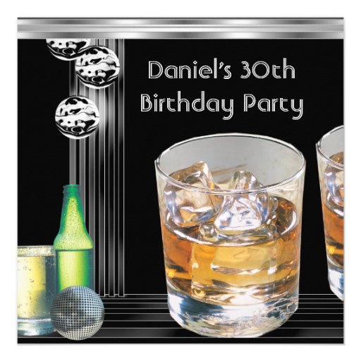 30th Birthday Party Mens Drinks Black Silver Invitations