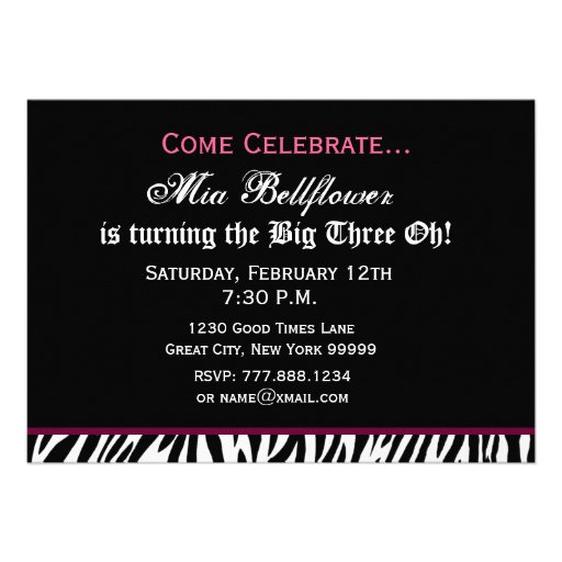 30th Birthday Party - Pink Zebra Template Invitations