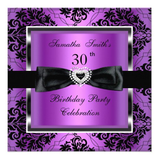 30th Birthday Party Purple Damask Silver Black Custom Invitations