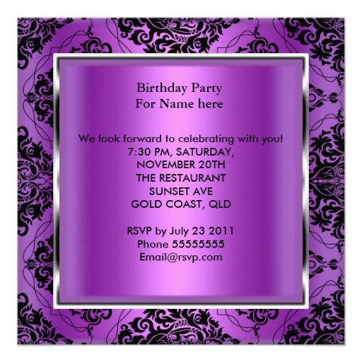 30th Birthday Party Purple Damask Silver Black Custom Invitations