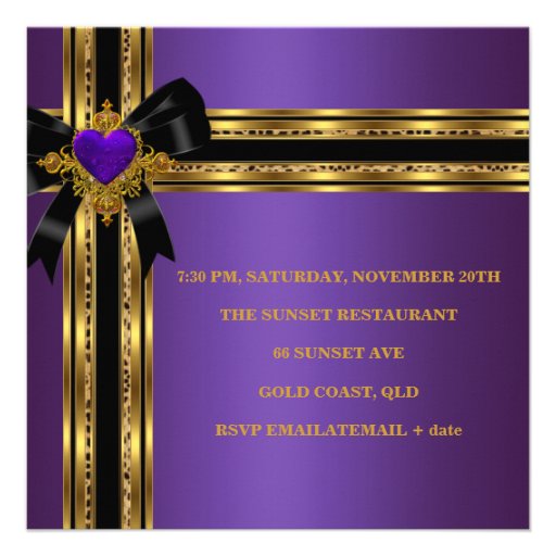 30th Birthday Party Purple Gold Heart Jewel Rose 2 Custom Invite