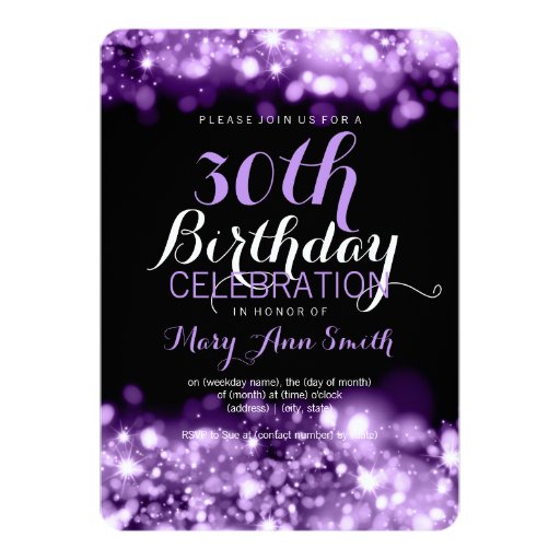 30th Birthday Party Purple Sparkling Lights 5x7 Paper Invitation Card