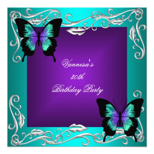 30th Birthday Party Purple Teal Butterflies Silver Invitation