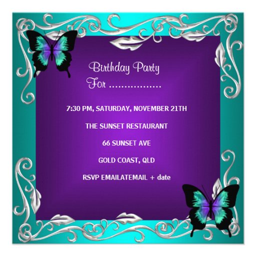 30th Birthday Party Purple Teal Butterflies Silver Invitation