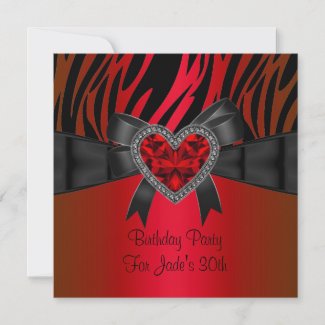 30th Birthday Party Red Heart Jewel Zebra zazzle_invitation