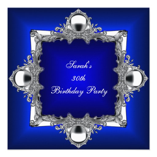 30th Birthday Party Royal Blue Silver Chrome Invite (front side)