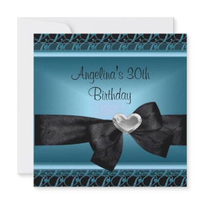 30th Birthday Party Silver Heart Teal Blue Black Custom Announcements by InvitationCenter