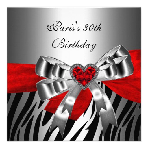 30th Birthday Party Silver Red Black Zebra Custom Invitation