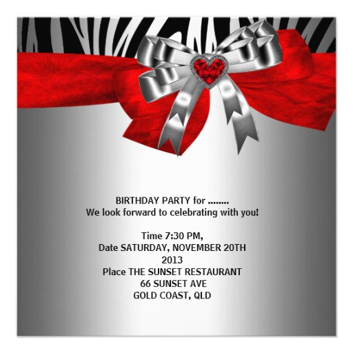 30th Birthday Party Silver Red Black Zebra Custom Invitation