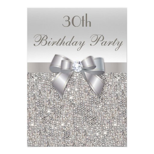 30th Birthday Party Silver Sequins, Bow & Diamond Personalized Invite (front side)