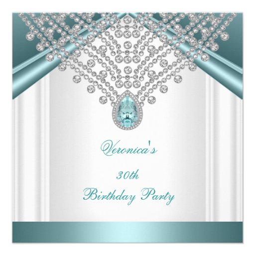 30th Birthday Party Teal Blue White Diamonds Custom Invitations