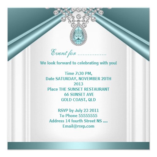 30th Birthday Party Teal Blue White Diamonds Custom Invitations