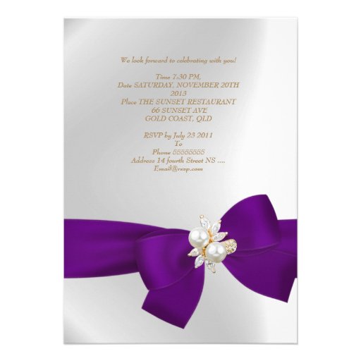 30th Birthday Party White Pearl Jewel Purple Bow Invites