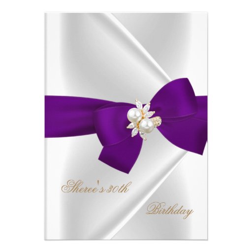 30th Birthday Party White Pearl Jewel Purple Bow Invites