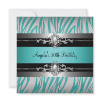 30th Birthday Party Zebra Teal Blue Silver Black Personalized Announcement
