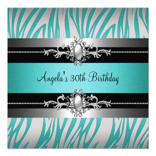 30th Birthday Party Zebra Teal Blue Silver Black Personalized Announcement