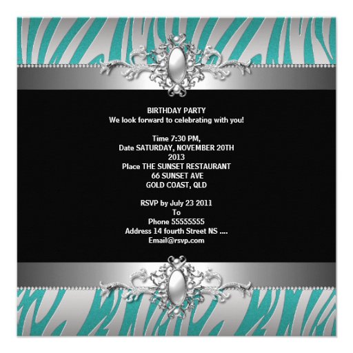 30th Birthday Party Zebra Teal Blue Silver Black Personalized Announcement