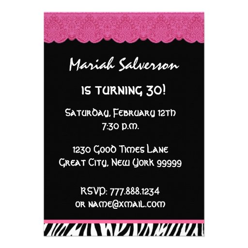 30th Birthday Pink Black Zebra Ver 4 G434 Personalized Announcement