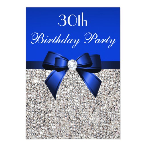 30th Birthday Royal Blue Bow Silver Sequins Card | Zazzle