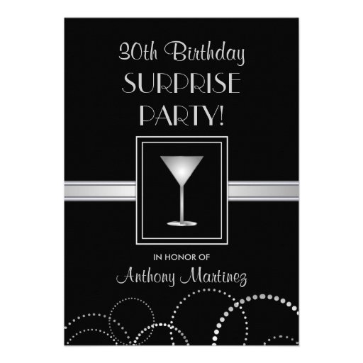 30th Birthday Surprise Party Silver & Black Announcement (front side)