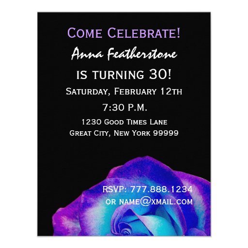 30th Birthday Template Purple and Blue Rose W230 Personalized Announcement