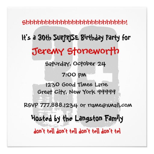 30th SURPRISE  Birthday Silver Stars B420 Custom Invitations