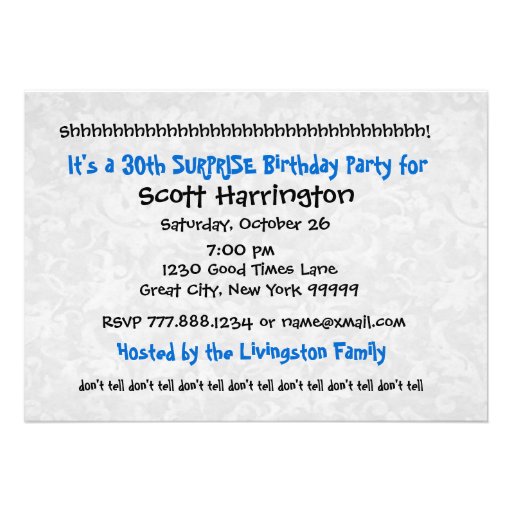 30th SURPRISE Blue and White Birthday Party v001 Personalized Invite