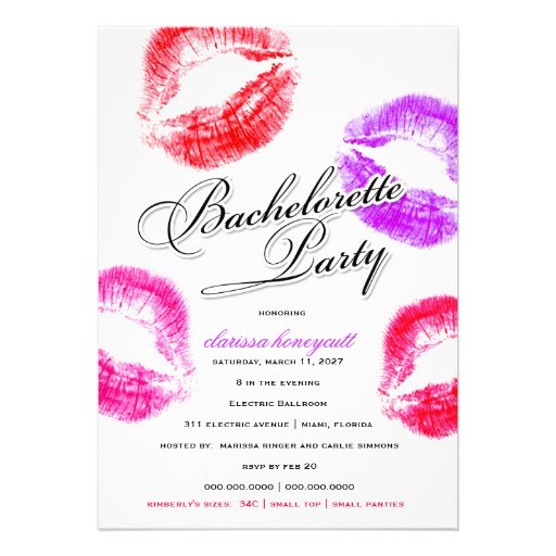 311-Bachelorette Party - Colorful Kisses Personalized Invites