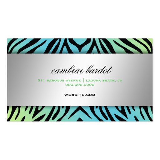 311 Baroque Boutique Turquoise Lime Zebra Business Card Templates (back side)