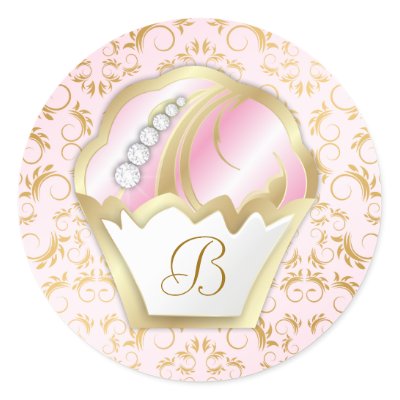 311-Bejeweled Cakes Monogram | Pink Background Round Stickers
