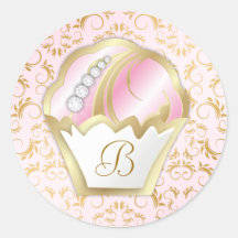 311-Bejeweled Cakes Monogram | Pink Background Round Stickers