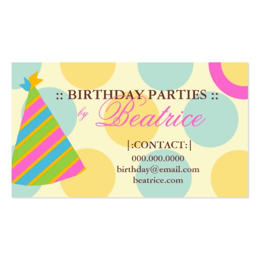 311-BIRTHDAY PARTY PLANNER PINK BUSINESS CARD (front side)