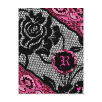 311-BLACK ROSE & PINK LACE MONOGRAM INVITATION postcards